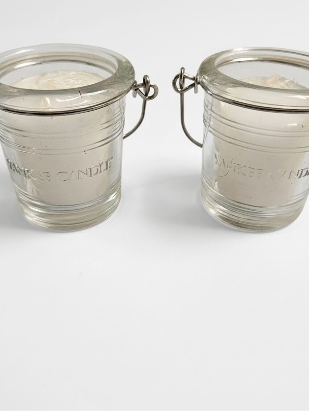 VTG Yankee Candle Clear Glass Bucket Votive Candles Pair Wire Handle Cottagecore